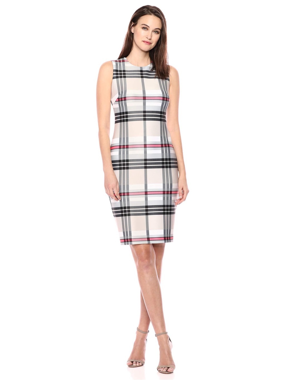 Calvin Klein Cream Plaid Sleeveless Sheath Dress with Black and Pink Stripes